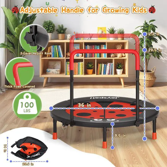 Alt view image 3 of 7 - 36-Inch Toddler Trampoline with Foam Handle, 3FT Foldable Mini Rebounder | ASTM & CPSIA Certified, KidsTrampoline with Adjustable Bar, 100 lbs Capacity, Quiet Elastic Bands, Indoor Outdoor & Ages 3-6