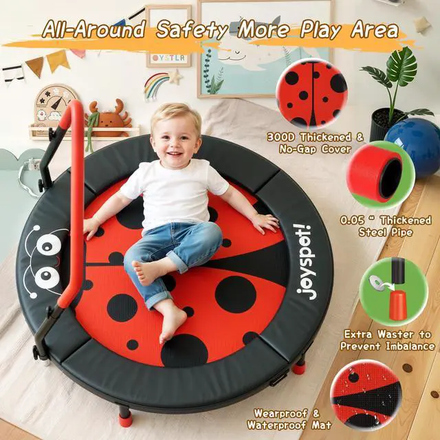 Alt view image 6 of 7 - 36-Inch Toddler Trampoline with Foam Handle, 3FT Foldable Mini Rebounder | ASTM & CPSIA Certified, KidsTrampoline with Adjustable Bar, 100 lbs Capacity, Quiet Elastic Bands, Indoor Outdoor & Ages 3-6
