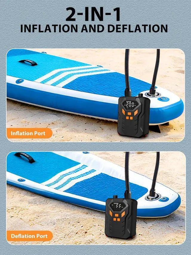 Alt view image 6 of 7 - Electric Paddle Board Pump, 20PSI Portable Rechargeable SUP Air Pump, Dual Stage Inflation & Deflation, Auto-Off Air Compressor for Stand Up Paddle Boards, Surfing Kite, Tent, Boat, Kayaks