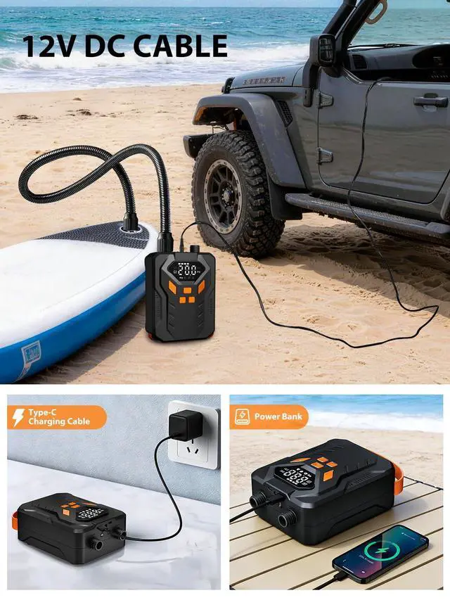 Alt view image 4 of 7 - Electric Paddle Board Pump, 20PSI Portable Rechargeable SUP Air Pump, Dual Stage Inflation & Deflation, Auto-Off Air Compressor for Stand Up Paddle Boards, Surfing Kite, Tent, Boat, Kayaks