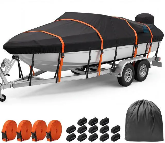 Main image of Boat Cover 16-18.5ft, Heavy Duty 1200D Marine-Grade Waterproof | 13 + Extra 4 Extended Straps, Trailerable, Wind-Resistant, Fits Bass Boat, V-Hull, Fish & Ski, Runabout, up to 94" Wide