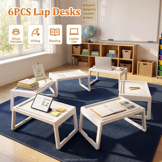 Alt view image 3 of 7 - 6 Pack Bed Tray Tables Breakfast Trays Serving Tray, Foldable Food Tray for Bed, Bed Laptap Desk with Phone Slots for Sofa Bed Eating Studying Working, White