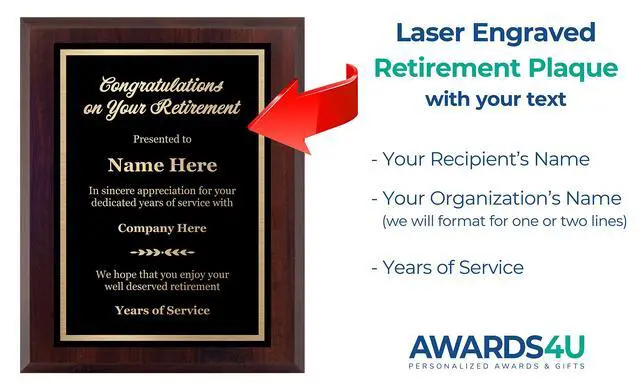 Alt view image 2 of 5 - Customized Retirement Plaque Award Laser Engraved Personalized Gift Choose Your Size Customize Now! (9x12)