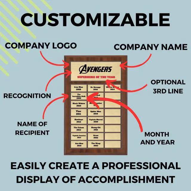 Alt view image 5 of 7 - Custom Perpetual Plaque, Employee of The Month, Salesman of The Month Appreciation Award Gold Plates on Wood Grain Pressed Board (24 Plate - 12x18")