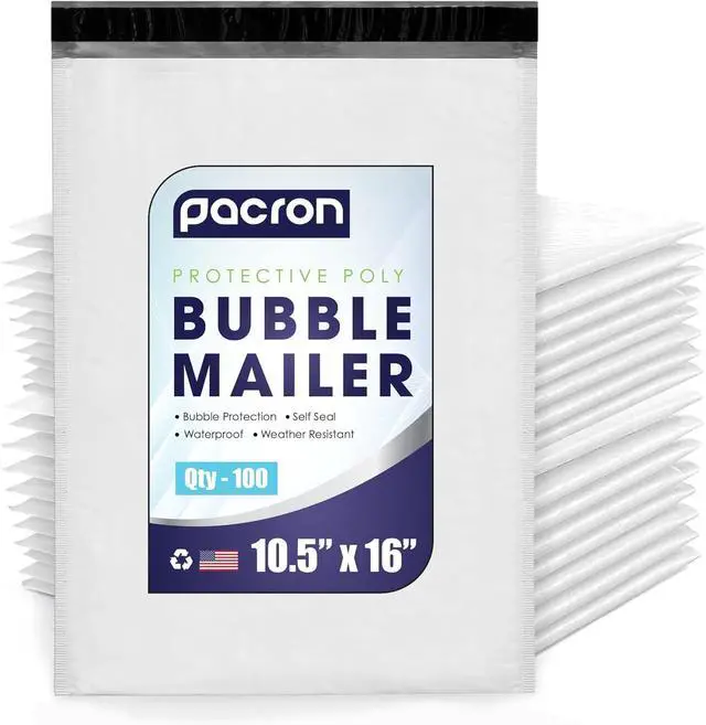 Main image of 100-Pack Waterproof Poly Bubble Mailers 10.5 x 16 - Thick, Durable, Instant Seal Envelopes with Strong Adhesive - Protective Shipping Mailers for Jewelry, Cosmetics, SD Cards, USB Cables