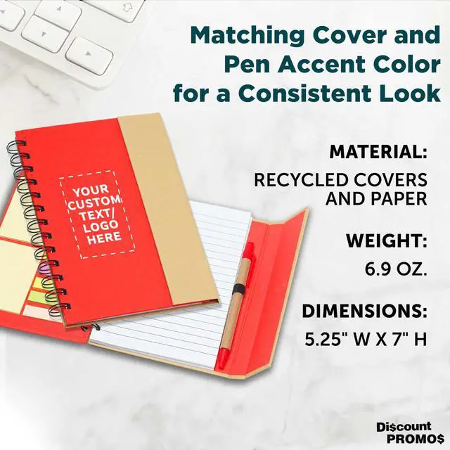 Alt view image 4 of 6 - Custom Eco Friendly Spiral Notebooks with Pens Set of 10/50/100, Personalized Bulk Pack - Perfect for School, Office, Home - Red