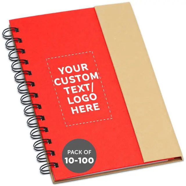 Main image of Custom Eco Friendly Spiral Notebooks with Pens Set of 10/50/100, Personalized Bulk Pack - Perfect for School, Office, Home - Red