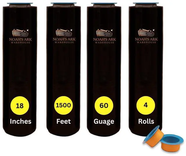 Main image of 18" x 1500FT Industrial Class Pallet Wrap, 60 Gauge 4 Rolls Black Stretch Film for Warehouse Packing, Adhering Packing Moving Packaging (4 Pack)