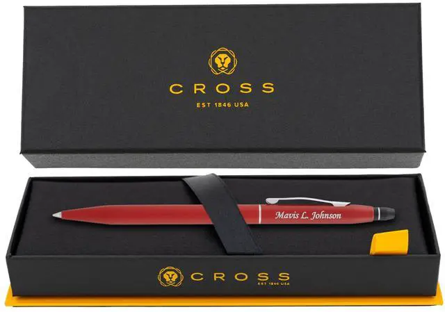 Main image of Cross Click Engraved Ballpoint Pen, Crimson Red with Chrome Trim, Silver Engraving on Cap, Slender Barrel, Gift for Graduation, Career Advancement, Bar Mitzvah, Birthday, Cross Gift Box
