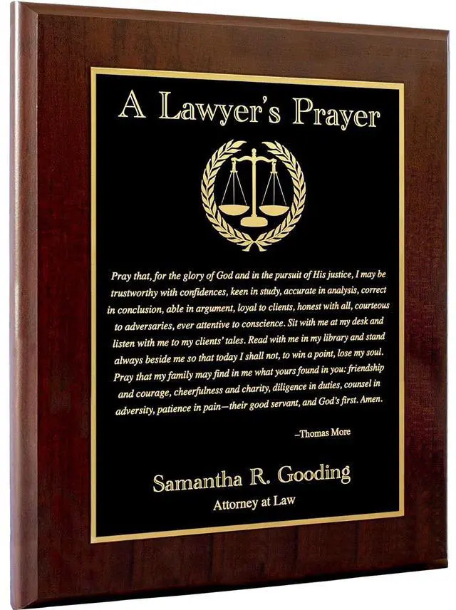 Main image of Customizable Lawyer's Prayer Plaque - Thank or Congratulate An Attorney or Celebrate a Law Student's Accomplishments - Include Their Name or Special Message (Cherry Wood w/Black and Gold Metal)