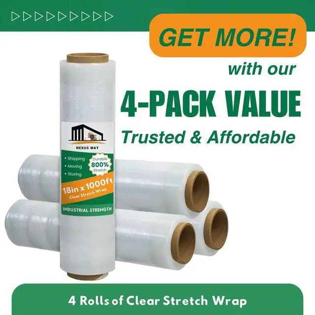 Alt view image 2 of 6 - NEXUSWAY 4 Rolls 18'' Shrink Wrap for Moving - Stretch Film Pallet Wrap Roll Heavy Duty 1000 feet 80 Gauge Industrial Strength up to 800% Stretch 20 Microns for Shipping Moving Furniture