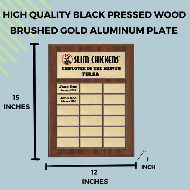 Alt view image 3 of 7 - Custom Perpetual Plaque, Employee of The Month, Salesman of The Month Appreciation Award Gold Plates on Wood Grain Pressed Board (18 Plate - 12x15")