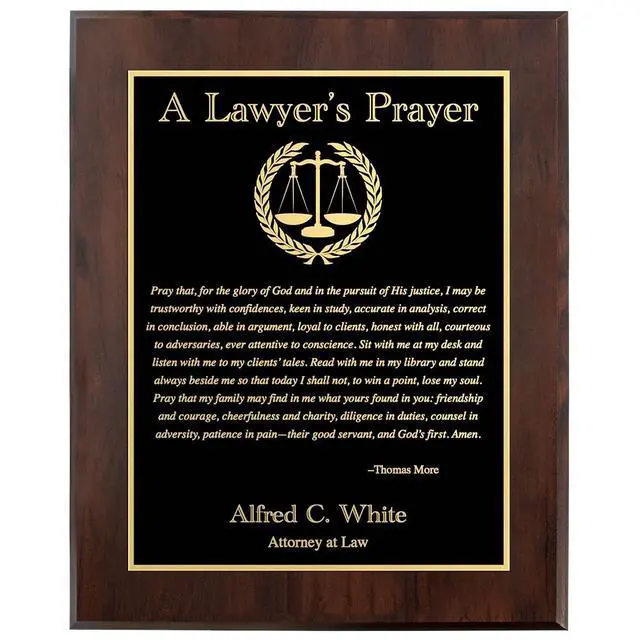 Alt view image 2 of 5 - Customizable Lawyer's Prayer Plaque - Thank or Congratulate An Attorney or Celebrate a Law Student's Accomplishments - Include Their Name or Special Message (Cherry Wood w/Black and Gold Metal)