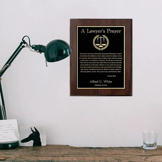 Alt view image 3 of 5 - Customizable Lawyer's Prayer Plaque - Thank or Congratulate An Attorney or Celebrate a Law Student's Accomplishments - Include Their Name or Special Message (Cherry Wood w/Black and Gold Metal)