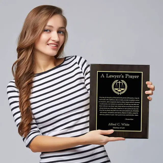 Alt view image 4 of 5 - Customizable Lawyer's Prayer Plaque - Thank or Congratulate An Attorney or Celebrate a Law Student's Accomplishments - Include Their Name or Special Message (Cherry Wood w/Black and Gold Metal)