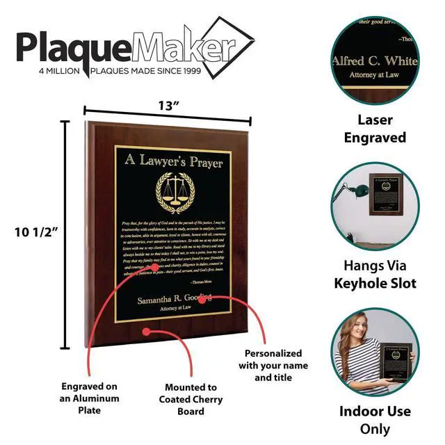 Alt view image 5 of 5 - Customizable Lawyer's Prayer Plaque - Thank or Congratulate An Attorney or Celebrate a Law Student's Accomplishments - Include Their Name or Special Message (Cherry Wood w/Black and Gold Metal)