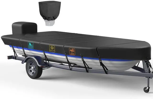 Main image of 1200D 5-Layer Jon Boat Cover 16-18ft with Motor Cover | Super Waterproof (2-Layer PU, 1" Seam Tape) | UV Resistant, 11+4 Windproof Straps | Mooring/Trailerable