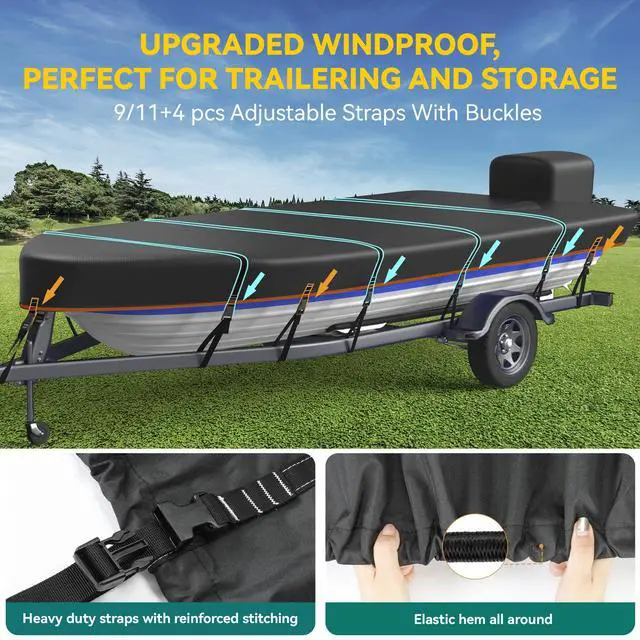 Alt view image 3 of 7 - 1200D 5-Layer Jon Boat Cover 16-18ft with Motor Cover | Super Waterproof (2-Layer PU, 1" Seam Tape) | UV Resistant, 11+4 Windproof Straps | Mooring/Trailerable