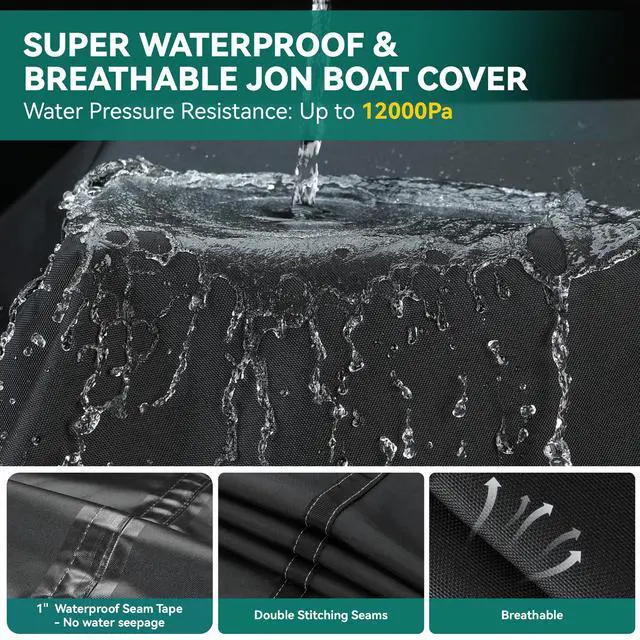Alt view image 4 of 7 - 1200D 5-Layer Jon Boat Cover 16-18ft with Motor Cover | Super Waterproof (2-Layer PU, 1" Seam Tape) | UV Resistant, 11+4 Windproof Straps | Mooring/Trailerable