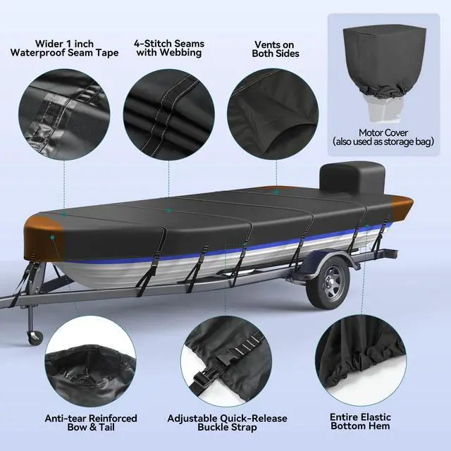 Alt view image 5 of 7 - 1200D 5-Layer Jon Boat Cover 16-18ft with Motor Cover | Super Waterproof (2-Layer PU, 1" Seam Tape) | UV Resistant, 11+4 Windproof Straps | Mooring/Trailerable