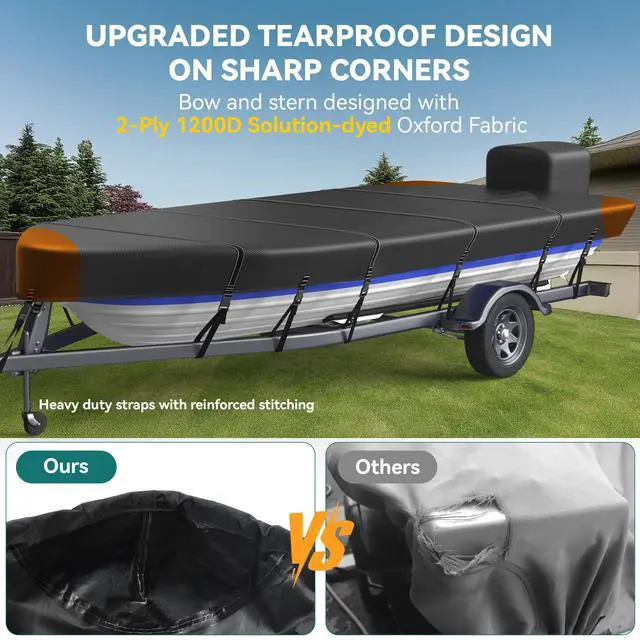 Alt view image 6 of 7 - 1200D 5-Layer Jon Boat Cover 16-18ft with Motor Cover | Super Waterproof (2-Layer PU, 1" Seam Tape) | UV Resistant, 11+4 Windproof Straps | Mooring/Trailerable