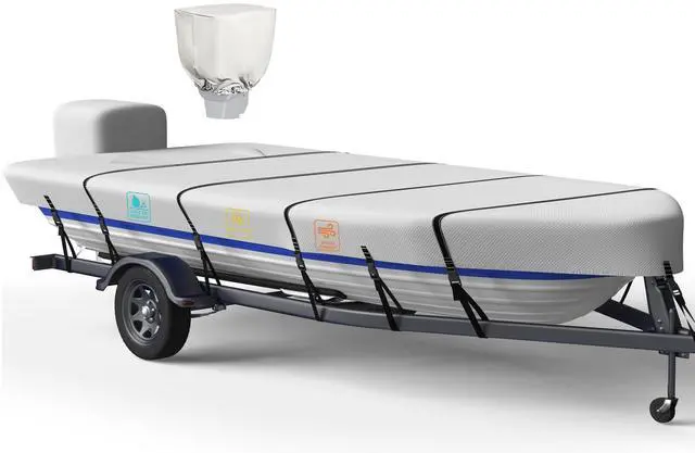 Main image of 1200D 5-Layer Jon Boat Cover 14-16ft with Motor Cover | Super Waterproof (2-Layer PU, 1" Seam Tape) | UV Resistant, 9+4 Windproof Straps | Mooring/Trailerable