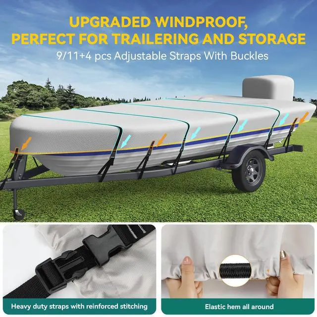 Alt view image 3 of 7 - 1200D 5-Layer Jon Boat Cover 16-18ft with Motor Cover | Super Waterproof (2-Layer PU, 1" Seam Tape) | UV Resistant, 11+4 Windproof Straps | Mooring/Trailerable
