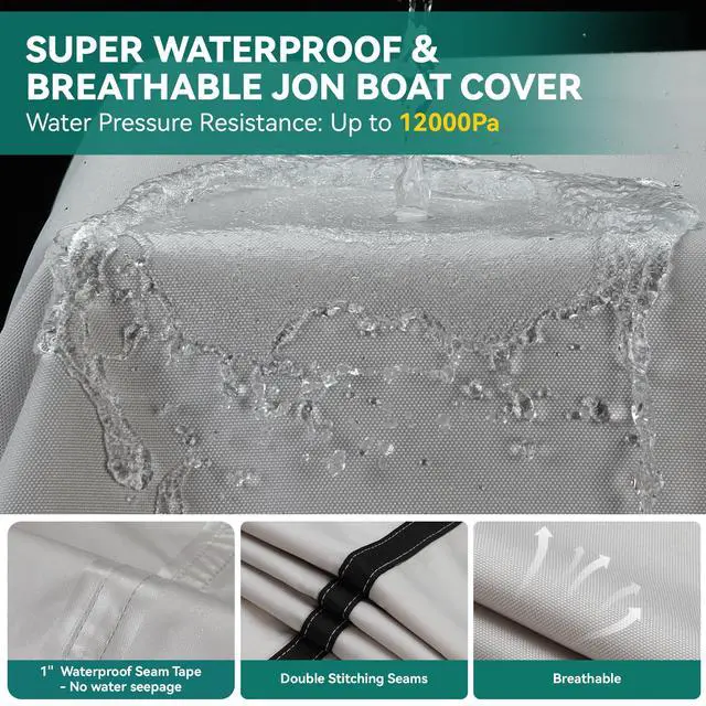 Alt view image 4 of 7 - 1200D 5-Layer Jon Boat Cover 16-18ft with Motor Cover | Super Waterproof (2-Layer PU, 1" Seam Tape) | UV Resistant, 11+4 Windproof Straps | Mooring/Trailerable