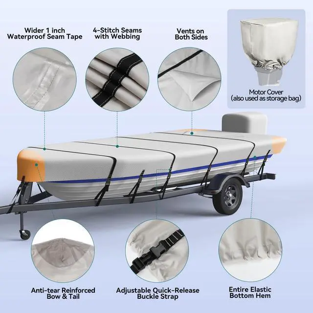 Alt view image 5 of 7 - 1200D 5-Layer Jon Boat Cover 16-18ft with Motor Cover | Super Waterproof (2-Layer PU, 1" Seam Tape) | UV Resistant, 11+4 Windproof Straps | Mooring/Trailerable