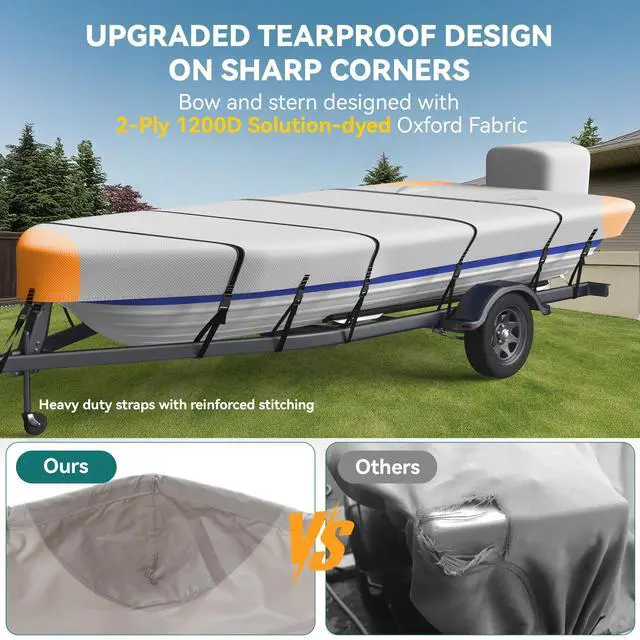 Alt view image 6 of 7 - 1200D 5-Layer Jon Boat Cover 16-18ft with Motor Cover | Super Waterproof (2-Layer PU, 1" Seam Tape) | UV Resistant, 11+4 Windproof Straps | Mooring/Trailerable