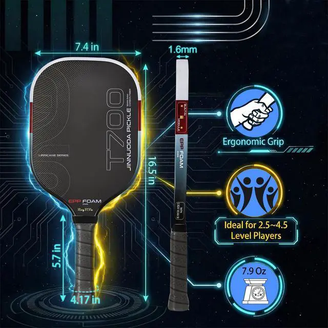 Alt view image 4 of 7 - Pickleball Paddle with T700 Raw Carbon Fiber, 16mm Upgraded EPP Foam Core, Torque-Boost Weighting System & Elasticity Enhancement Design