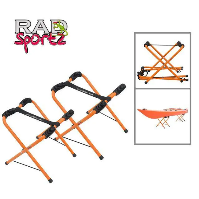 Alt view image 2 of 7 - Kayak Storage Racks - Set of 2 Portable Folding Boat Stands for Garage, Shed, or Dock with Rubber Padding and Storage Carry Bag by (Orange)