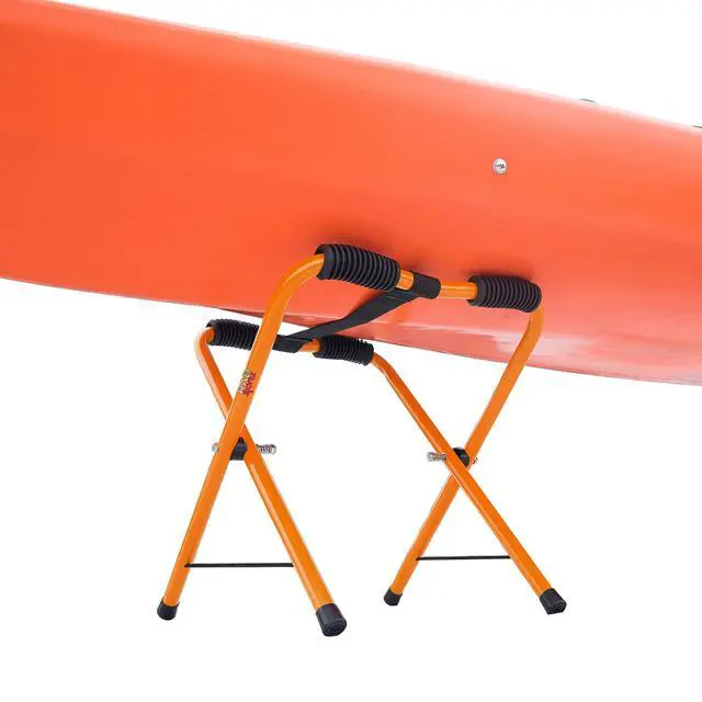 Alt view image 5 of 7 - Kayak Storage Racks - Set of 2 Portable Folding Boat Stands for Garage, Shed, or Dock with Rubber Padding and Storage Carry Bag by (Orange)