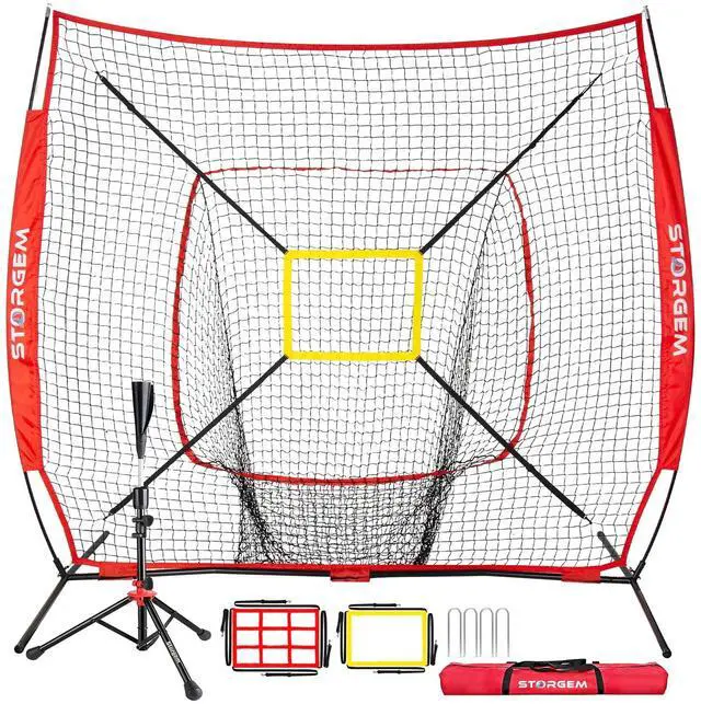 Main image of 7x7 Baseball Softball Net with Tee, Strike Zone & Bow Frame | 7x7 Baseball Pitching Hitting Net with Strike Zone, Portable Net with Batting Tee Bow Frame, Backyard Training