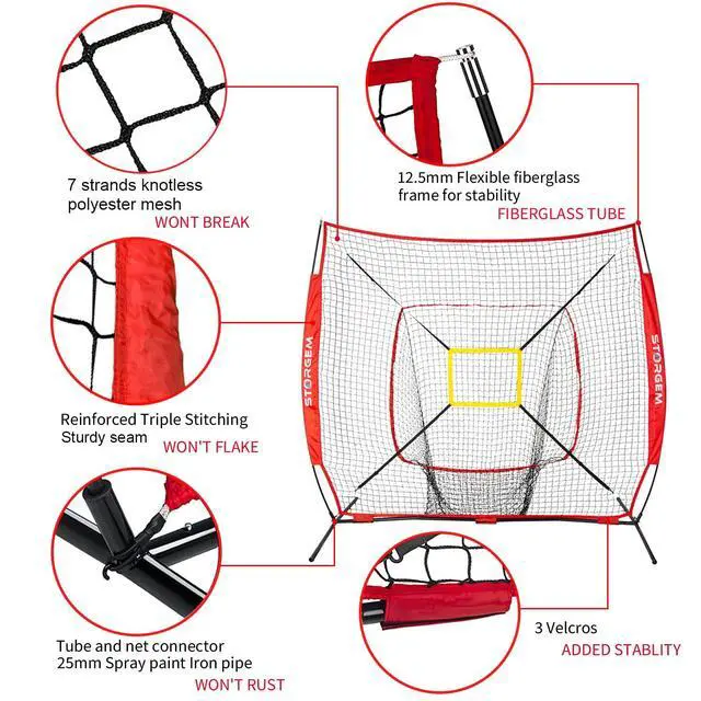 Alt view image 2 of 7 - 7x7 Baseball Softball Net with Tee, Strike Zone & Bow Frame | 7x7 Baseball Pitching Hitting Net with Strike Zone, Portable Net with Batting Tee Bow Frame, Backyard Training
