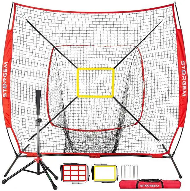 Main image of 7x7 Baseball Softball Net with Tee, Strike Zone & Bow Frame | 7x7 Baseball Pitching Hitting Net with Strike Zone, Portable Net with Batting Tee Bow Frame, Backyard Training