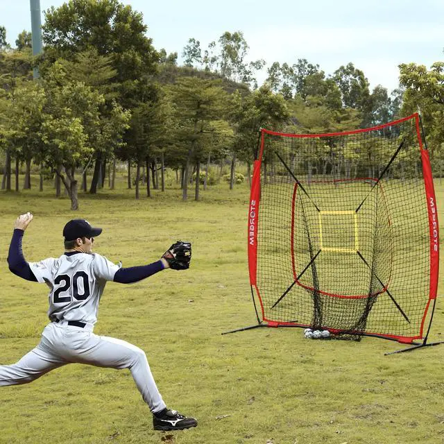 Alt view image 7 of 7 - 7x7 Baseball Softball Net with Tee, Strike Zone & Bow Frame | 7x7 Baseball Pitching Hitting Net with Strike Zone, Portable Net with Batting Tee Bow Frame, Backyard Training