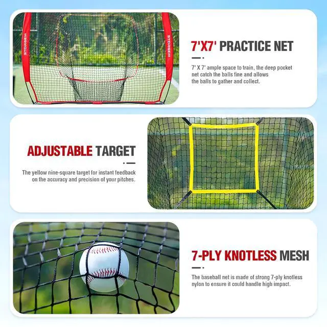 Alt view image 3 of 7 - 7x7 Baseball Softball Net with Tee, Strike Zone & Bow Frame | 7x7 Baseball Pitching Hitting Net with Strike Zone, Portable Net with Batting Tee Bow Frame, Backyard Training