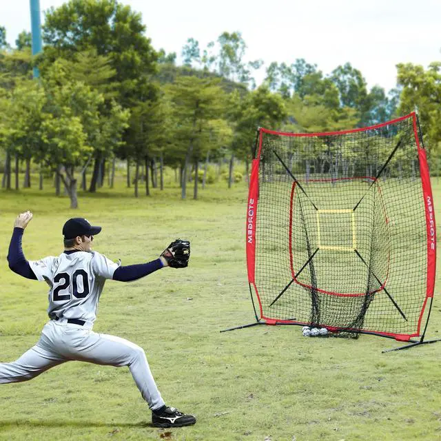 Alt view image 7 of 7 - 7x7 Baseball Softball Net with Tee, Strike Zone & Bow Frame | 7x7 Baseball Pitching Hitting Net with Strike Zone, Portable Net with Batting Tee Bow Frame, Backyard Training