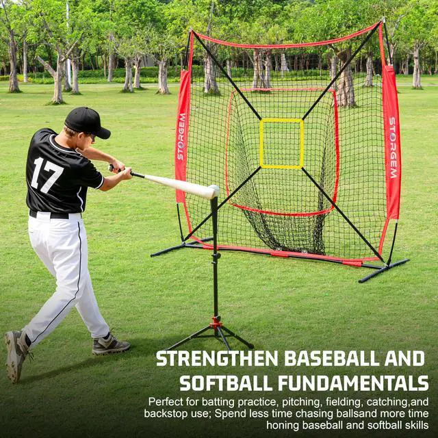 Alt view image 6 of 7 - 7x7 Baseball Softball Net with Tee, Strike Zone & Bow Frame | 7x7 Baseball Pitching Hitting Net with Strike Zone, Portable Net with Batting Tee Bow Frame, Backyard Training