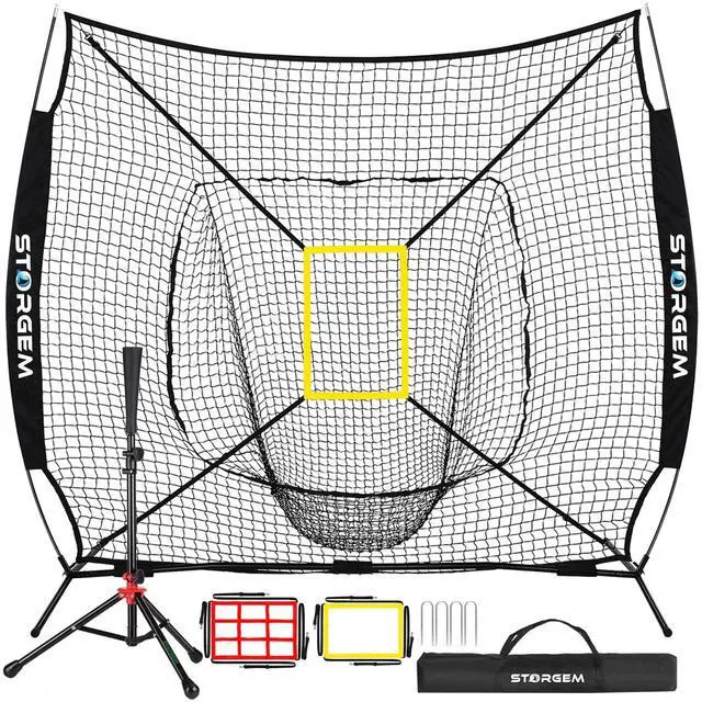 Main image of 7x7 Baseball Softball Net with Tee, Strike Zone & Bow Frame | 7x7 Baseball Pitching Hitting Net with Strike Zone, Portable Net with Batting Tee Bow Frame, Backyard Training