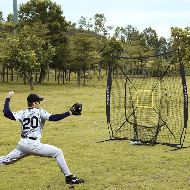 Alt view image 3 of 7 - 7x7 Baseball Softball Net with Tee, Strike Zone & Bow Frame | 7x7 Baseball Pitching Hitting Net with Strike Zone, Portable Net with Batting Tee Bow Frame, Backyard Training