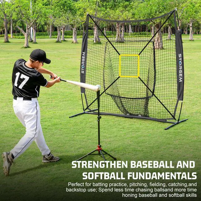 Alt view image 2 of 7 - 7x7 Baseball Softball Net with Tee, Strike Zone & Bow Frame | 7x7 Baseball Pitching Hitting Net with Strike Zone, Portable Net with Batting Tee Bow Frame, Backyard Training