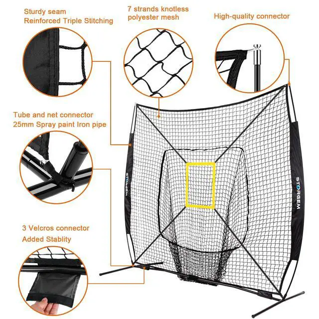 Alt view image 4 of 7 - 7x7 Baseball Softball Net with Tee, Strike Zone & Bow Frame | 7x7 Baseball Pitching Hitting Net with Strike Zone, Portable Net with Batting Tee Bow Frame, Backyard Training