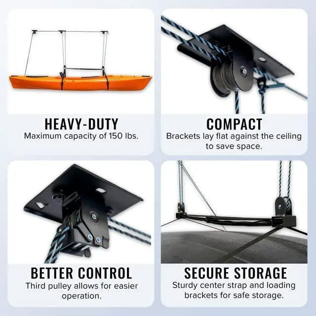 Alt view image 2 of 6 - Pulley Hoist for Kayaks, Canoes, and Paddleboards - Heavy Duty Garage Storage Lift - Kayak Hanger Holds 150 lbs and Fits 10-14 ft Tall Garage Ceilings