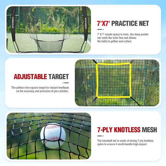 Alt view image 5 of 7 - 7x7 Baseball Softball Net with Tee, Strike Zone & Bow Frame | 7x7 Baseball Pitching Hitting Net with Strike Zone, Portable Net with Batting Tee Bow Frame, Backyard Training