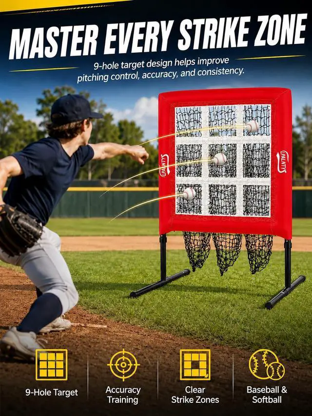 Alt view image 2 of 7 - 9 Hole Pitching Net with Strike Zone,Improve Baseball Softball Accuracy Training, Adjust Height to 45 Inches, Portable Set up, Indoor Outdoor Practice for Beginner and Professional