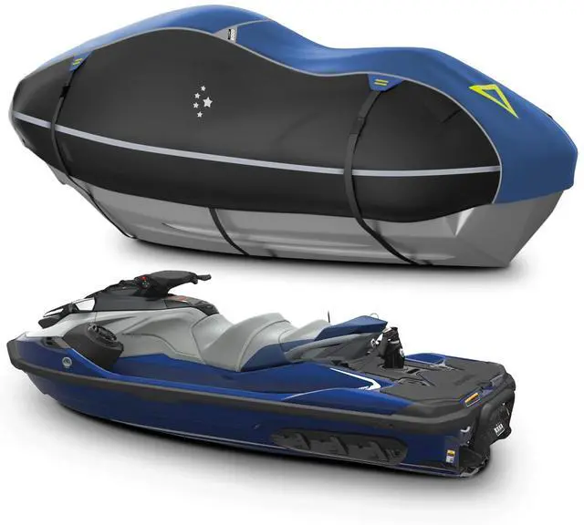 Main image of LIBZAKI Jet Ski Cover PWC Cover 2-3 Seats Heavy Duty Waterproof 600D UV Resistant Fits for Yamaha Sea-Doo Kawasaki up to 136~145" Blue/Black