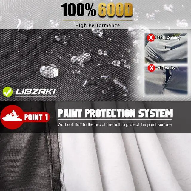 Alt view image 3 of 7 - LIBZAKI Jet Ski Cover PWC Cover 2-3 Seats Heavy Duty Waterproof 600D UV Resistant Fits for Yamaha Sea-Doo Kawasaki up to 112~135" Black