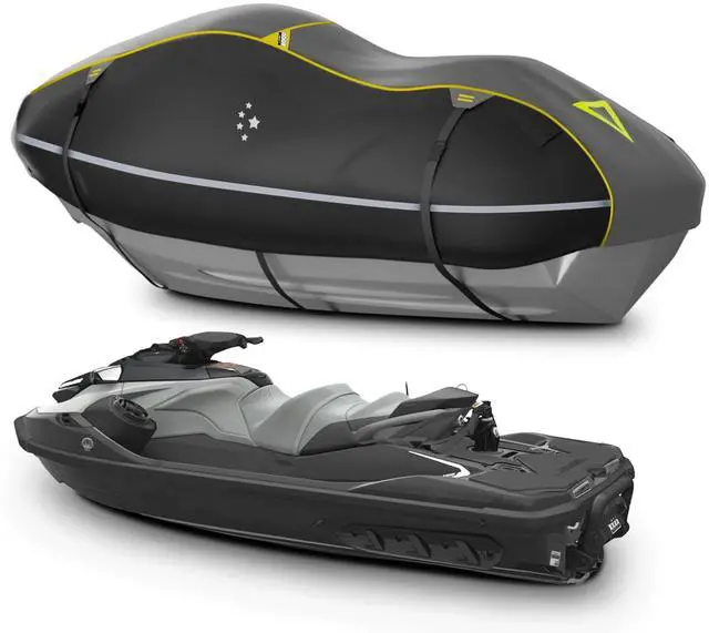 Main image of LIBZAKI Jet Ski Cover PWC Cover 2-3 Seats Heavy Duty Waterproof 600D UV Resistant Fits for Yamaha Sea-Doo Kawasaki up to 136~145" Gray/Black